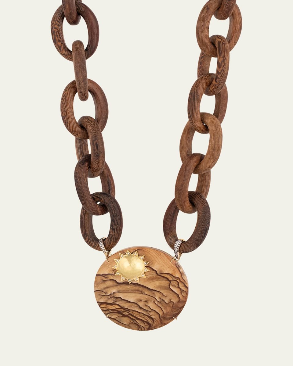 18K Yellow Gold Jasper on Wood Chain Necklace with Diamonds and Sun